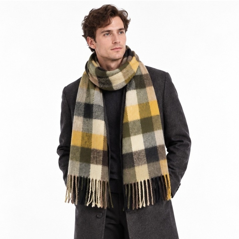 100% Cashmere Scarf Made in Scotland Olive Mustard Plaid Fringe Heritage Winter